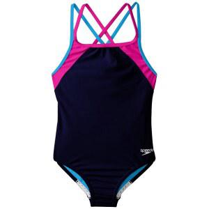 Speedo 여아용 크로스 백 스플라이스 원피스 수영복, 블루