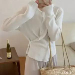 레이즐리 아이보리 언발 랩 니트 가디건 여성용 루즈핏 봄 간절기 골지 라운드넥 티셔츠 여자가디건