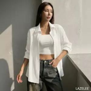 레이즐리 화이트 시어 크링클 오버핏 셔츠 여성 봄 루즈핏 화이트 남방 블라우스 시어서커 옥스포드 화이트