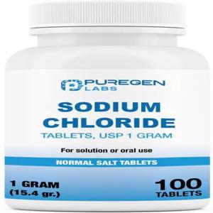 퓨어젠 랩스 염화나트륨 정제 1g 1000mg USP 15.4g 100 카운트 일반 소금 전해질 보충제 수분 공급 음료