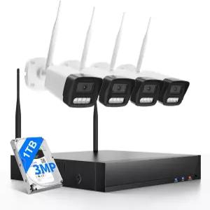 무선 카메라 시스템 3MP 4대가 장착된 10CH WiFi 양방향 오디오 야간 투시 모션 감지 무료 앱 H.265 인코딩