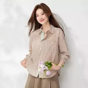 팔콘 여사친 여자 봄 긴팔 직장 오피스룩톱 셔츠 더블 블라우스 터틀넥 스트라이프 KKE1