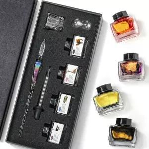 ESSHOP 수제 유리 딥 펜 및 잉크 세트 5ml 컬러 홀더 클리닝 컵 드립 도구 크리스탈 시그니처 키트 미술