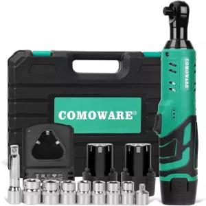 COMOWARE 3/8 무선 전기 래칫 렌치 키트 40ftlbs 토크 2V 전원 8 소켓 LED 조명 고속 충전기 인체공학적