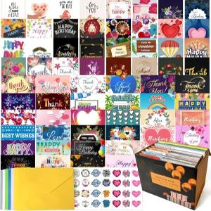 YedSintu 64 팩 모든 카드 모음 상자 봉투 및 스티커 생일 휴일 사랑 기념일 생각하기 감사 4×6인치 모듬