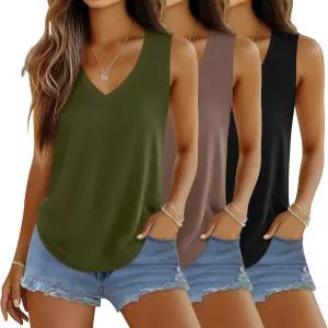 후케이 3팩 여성용 탱크탑 V넥 루즈핏 캐주얼 민소매 셔츠 여름 플로피 트렌디한 기본 티 2026 패션