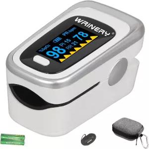 WRINERY 산소 포화도 모니터 맥박 측정기 손가락 끝 배터리가 장착된 OLED 휴대용 랜야드 은백색