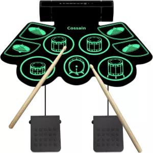 코사인 전자 드럼 세트 초보자를 위한 휴대용 9패드 키트 듀얼 전원 옵션이 있는 전동 롤업 초보자와 를