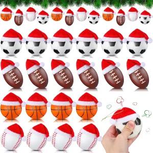 Leyndo 24Pcs 스포츠 볼 크리스마스 장 트리 장식용 탈부착 가능한 산타 모자가 있는 벌크 농구 축구 걸이