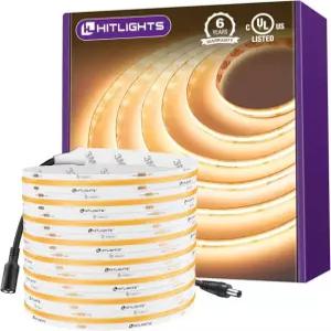 HitLights COB LED 스트립 조명 따뜻한 흰색 2700K 16.4피트 프리미엄 고밀도 24V 테이프 2560개의 350개 이상의 LM/FT 16.4ft Strip