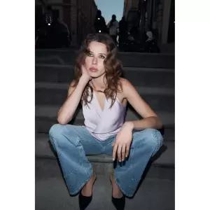 ZARA 자라 TRF 로우라이즈 와이드 레그 글리터 청바지 - 블루 3947378