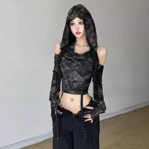 [하프클럽/]트임 긴팔 후드 크롭 프린팅 데미지 끈 티셔츠
