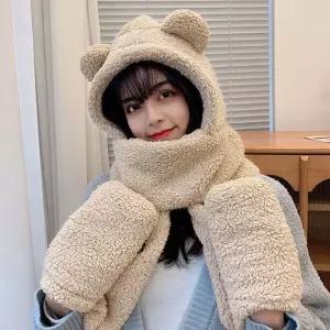 일체형 넥워머 쥬얼리세트 목도리 장갑 후드 귀여운 곰돌이 모자