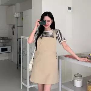 [하프클럽/]여성 버튼 포켓 멜빵 미니 드레스