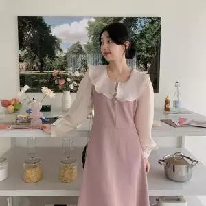 [하프클럽/]여성 프릴 디테일 카라 허리 조절 롱 드레스