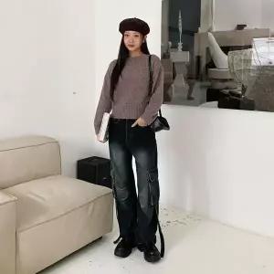 [하프클럽/]여성용 포켓 장착 카고 스트랩 와이드 청바지 팬츠