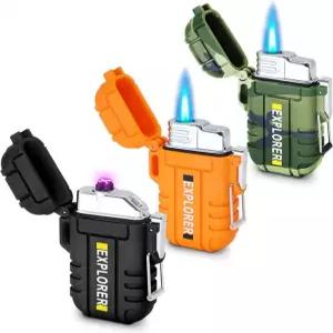 3팩 방수 라이터 야외 방풍 토치 듀얼 전기 USB 충전식 화염 없는 캠핑 모험 생존 장비 3 Pack