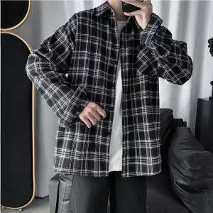 [하프클럽/]검은색 남방 셔츠 루즈핏 남자 체크 남친룩 데일리룩