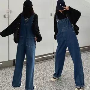 [하프클럽/]통 여자 데님 멜빵 바지 오버롤 와이드핏 일자 청바지