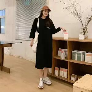 TBZ A라인 원피스 레터링 긴팔 롱원피스 휴양지룩