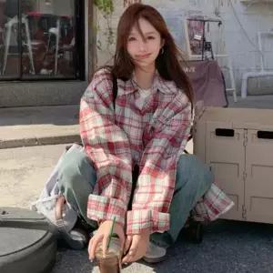 여성 여름 간절기 데일리 체크 카라 긴팔 셔츠