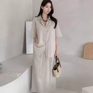 [옷자락] 여자 여름투피스 반팔 린넨셔츠 일자 롱스커트 세트