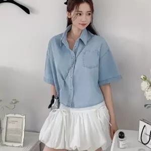 여자 크롭 데님남방 포켓 카라넥 박스핏 여름 반팔 셔츠