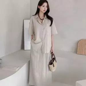 [신세계라이브쇼핑][옷자락] 여자 여름투피스 반팔 린넨셔츠 일자 롱스커트 세트