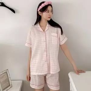 [다잇템] 여자 체크바지 쓰리피스 셔츠잠옷 실내복 분홍색 세트24742477588872