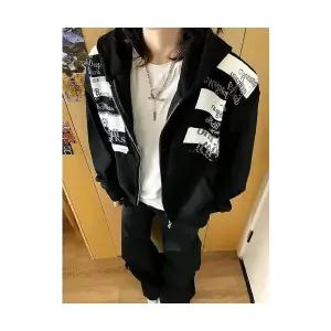 남성 유행각 집업 가디건 레터링 패치 자수 후드 가을 커플 카디건 OOTD3