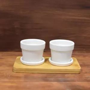 모던 도기 우드트레이 미니 원형 2구셋 화분 (7x6cm x 2pcs)가정용 식물 꽃화분 키우기 인테리어 실내 취미