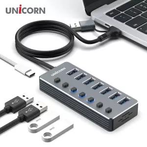 유니콘 USB3.2 Gen1 7포트 USB허브 개별전원스위치 케랜선 스위칭 기가 다용도 네트워크 인터넷 허브 케이