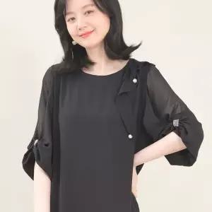 애비뉴투지 엄마옷 어깨 드레이프 진주 쉬폰 퍼프 칠부 정장 원피스 K05429