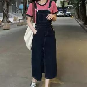 데님 멜빵원피스 스티치 롱기장 H라인 앞트임 끈조절