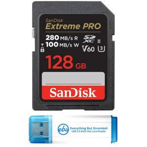 [미국배송] 사진 및 비디오용 SANDISK SDXC 메모리 카드 128GB UHS-II 익스트림 프로 V60(SDSDDXEP-128G-GN4IN) 번들 스트롬볼리 마이크로 SD 리더 제외 1개 포함