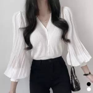 브이넥 퍼프 가디건 블라우스 골지 여성 슬랙스 면바지 청바지 치마 커버 화이트 블럭 기장