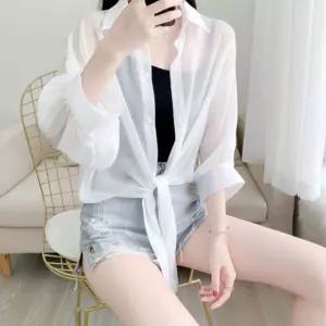 소프트 쉬폰 시스루 블라우스 시공 셔츠 원단 연출 기장 나시 아우터 버튼 오픈 아크릴 커버