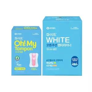 화이트 오마이 탐폰 레귤러, (12매), 1개 + 코튼 쿠션 라이너 일반 (48매),1개