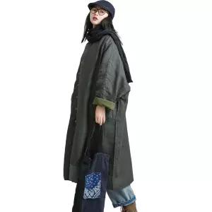 LZJN 여성용 리넨 패치워크 코트 빈티지 루즈 프론트 버튼 가디건 코트 패딩 퀼트 롱 재킷 포켓 포함, 그레