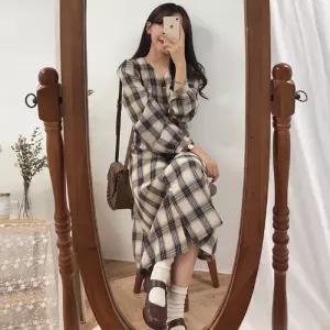 브이넥 단추형 롱원피스 여성셔츠 원피스 트위드
