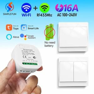 Tuya 스마트 라이프 WiFi 및 433MHz 전등 스위치 벽면 패널 배터리 필요 없음 110V 220V 16A 미니 소형 모