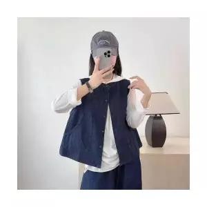 여자 데님 캐주얼 빈티지 데일룩 베스트 솔리드 조끼 라운드 싱글 민소매 나시 DAOL1