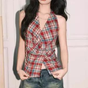 볼사스 여성 빨강 캐주얼 빈티지 조끼 체크 홀터넥 민소매 나시 슬림 톱 ADOR1