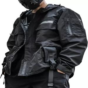 XYXIONGMAO 스트리트웨어 후드 블랙 재킷 테크웨어 윈드브레이커 사이버펑크 카고 폭격기 남성