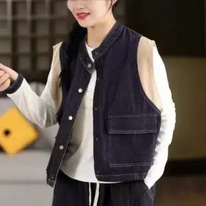 빈티지 캐주얼 봄 여성용 청 좋은 코디 카디건 아우터 조끼 민소매 빅 효소 워싱 포켓 SPO마켓1