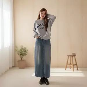 [옷자락]여성 빈티지 워시드 데님 롱스커트 뒷슬릿 Y2K 치마