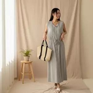 [옷자락]여성 라운드넥 하프또또 버튼 허리 셔링 롱 원피스