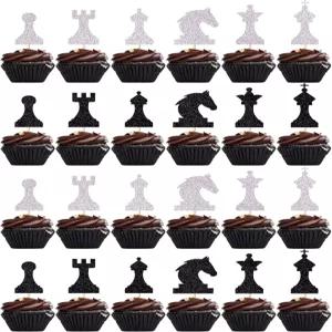 24pcs 블랙 화이트 글리터 체스 컵케이크 토퍼 지적 게임 생일 케이크 장식