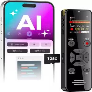 AI 디지털 음성 녹음기 128GB 재생 기능이 있는 활성 전사 및 요약 OTG - 회의 강의용 휴대용 테이프