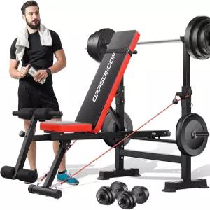 OppsDECOR 6 in 1 900LBS 웨이트 벤치 다리 신전 및 컬 포함 접이식 프레스 세트 프리처 스쿼트 바벨 랙 홈